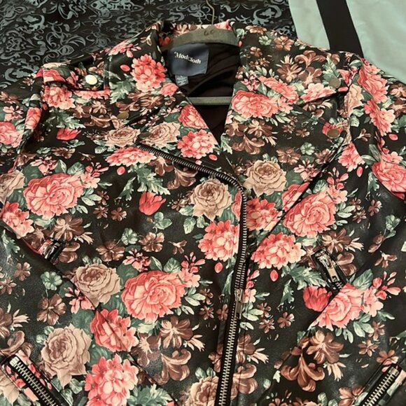 Modcloth Floral Leather Jacket - Black and Pink, size large, very nice - Picture 7 of 8